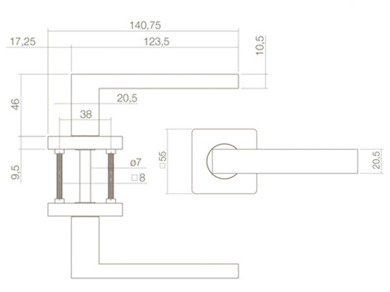Intersteel Deurkruk Zwart Hera op vierkante rozet 55x55x10mm 123,5mm
