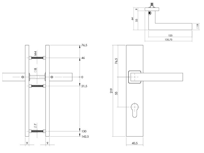 Intersteel Deurkruk RVS Vierkant op schild 220x41x9mm PC55