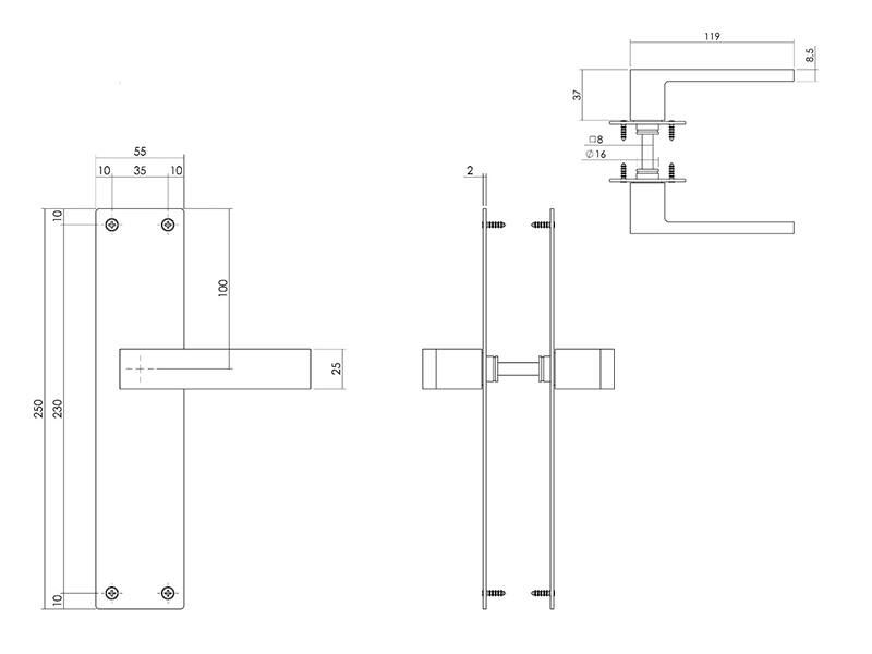 Intersteel Deurkruk RVS Amsterdam op schild 250x55x2mm Blind