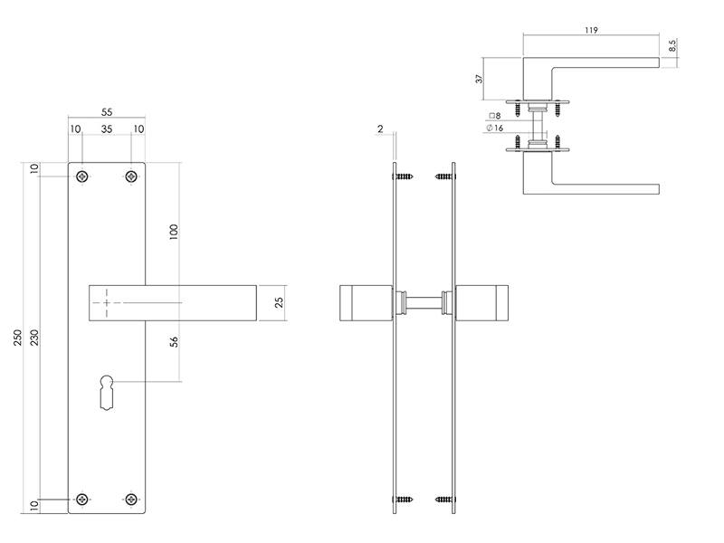 Intersteel Deurkruk RVS Amsterdam op schild 250x55x2mm SL56