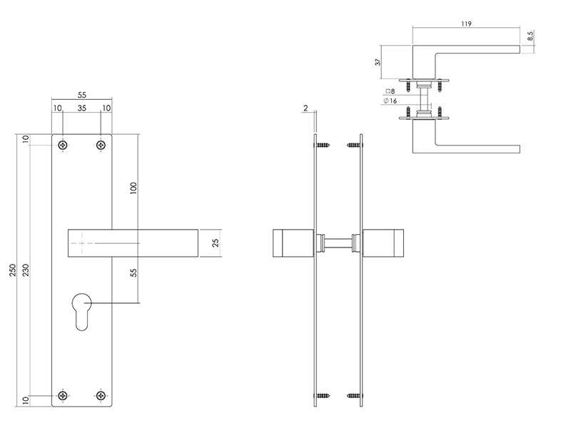 Intersteel Deurkruk RVS Amsterdam op schild 250x55x2mm PC55
