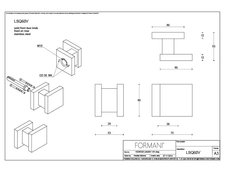 Voordeurknop Zwart vast op rozet vierkant 60mm Square LSQ60V