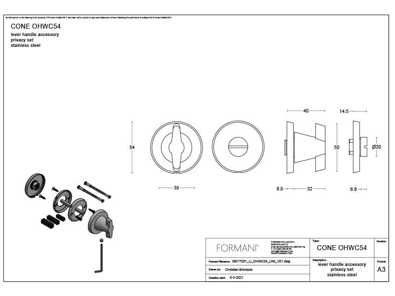 Wc-garnituur RVS CONE Osiris Hertman OHWC54 54mm 5/6/7/8mm wc stift