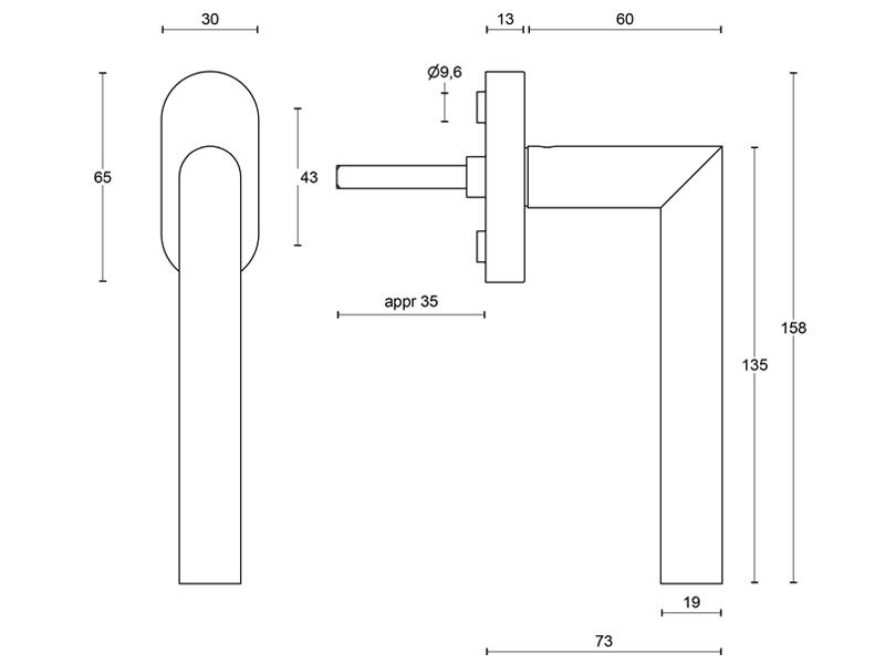 Draaikiep raamkruk Gunmetal PVD Milaan 19mm x 135mm