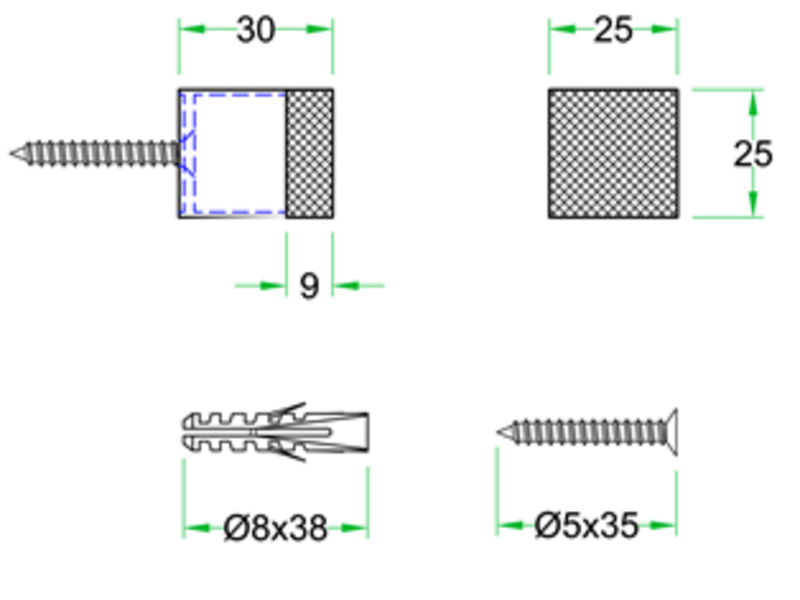 Deurstopper RVS vierkant wandmontage 25x25x30mm