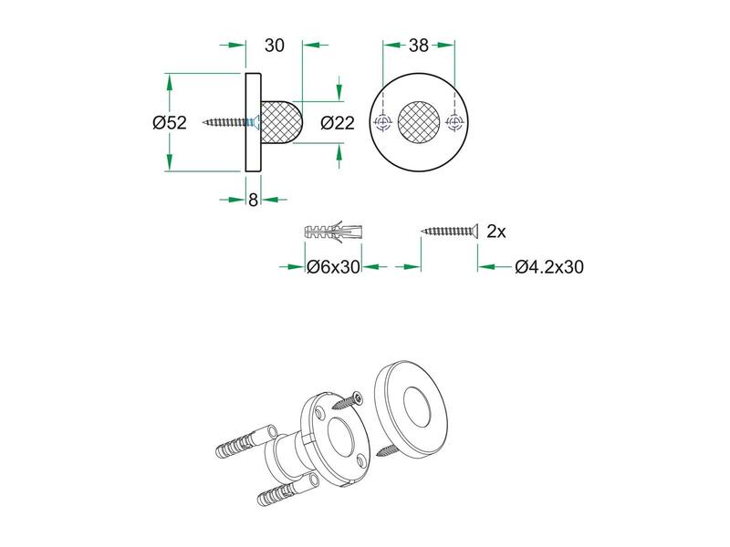 Deurstopper RVS rond 52mm wandmontage