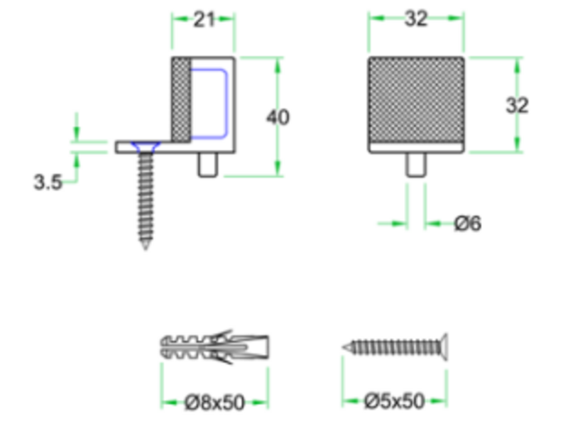 Deurstopper RVS vierkant vloermontage 32x32x40mm