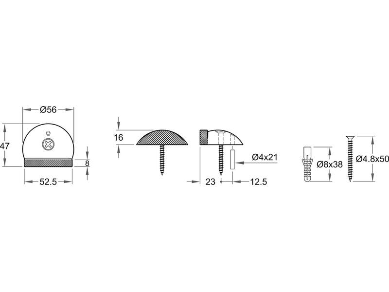 Deurstopper RVS halve bol vloermontage 56x47mm