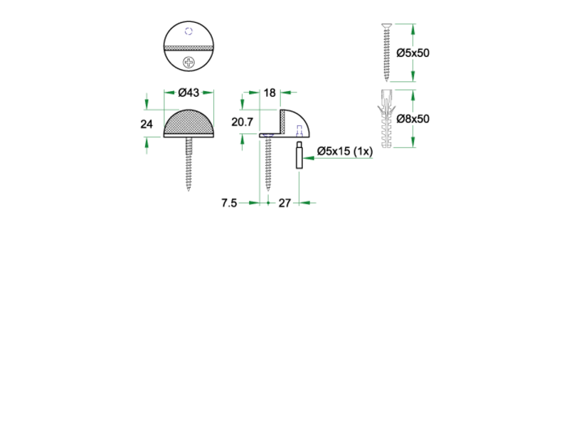 Deurstopper RVS halfrond Rond 43mm