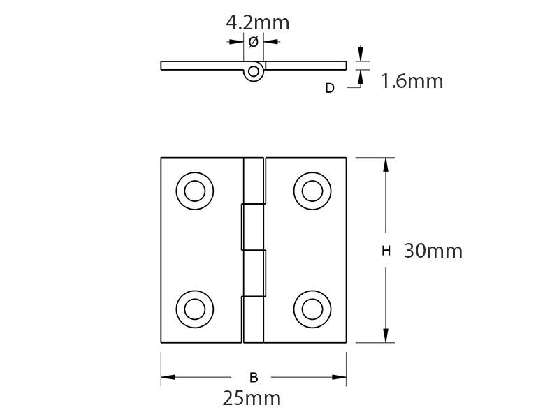 Scharnier massief messing 30x25x1.6mm met vaste scharnierpen met rechte hoeken