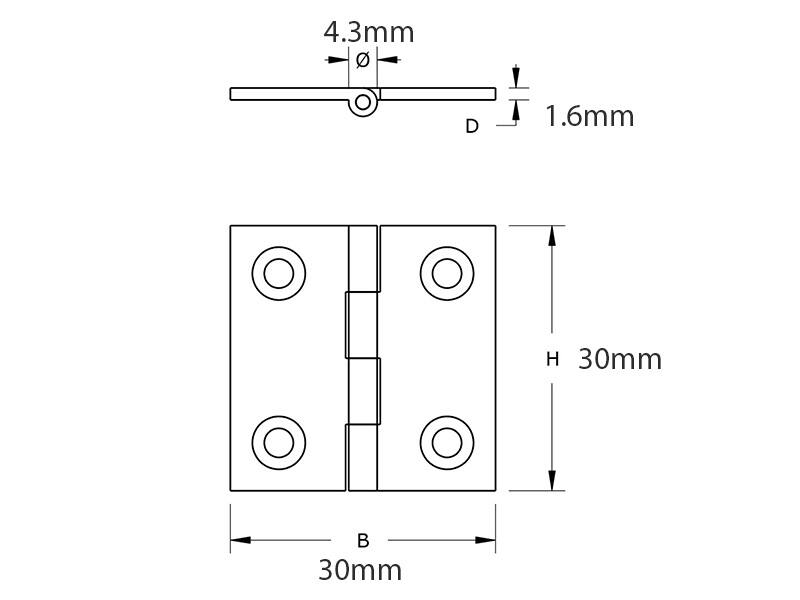 Scharnier massief messing 30x30x1.6mm met vaste scharnierpen met rechte hoeken