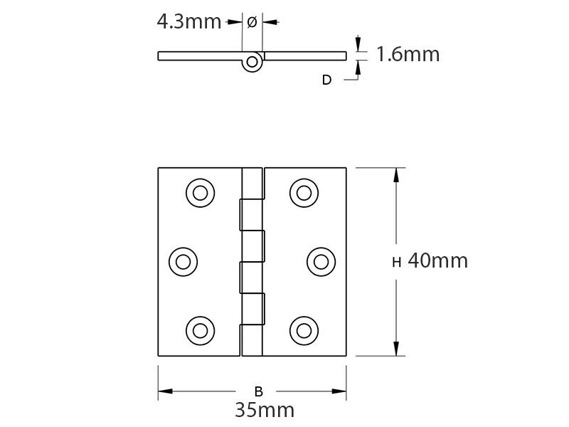 Scharnier massief messing 40x35x1.6mm met vaste scharnierpen met rechte hoeken