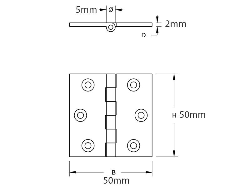 Scharnier massief messing 50x50x2mm met vaste scharnierpen met rechte hoeken