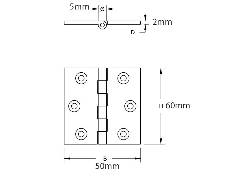 Scharnier massief messing 60x50x2mm met vaste scharnierpen met rechte hoeken