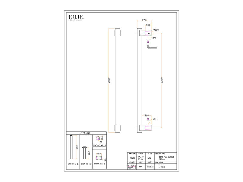 Deurgreep Messing Jolie Core 352mm, hoh 320mm