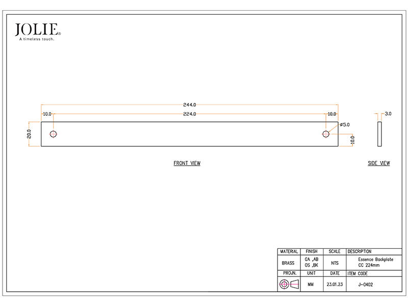 Achterplaat voor meubelgreep Essence Messing 234mm, hoh 224mm