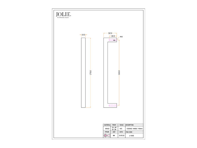 Meubelgreep Messing Jolie Essence 170mm, hoh 160mm