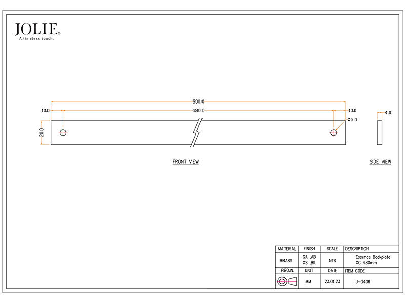 Achterplaat voor meubelgreep Essence Messing 490mm, hoh 480mm