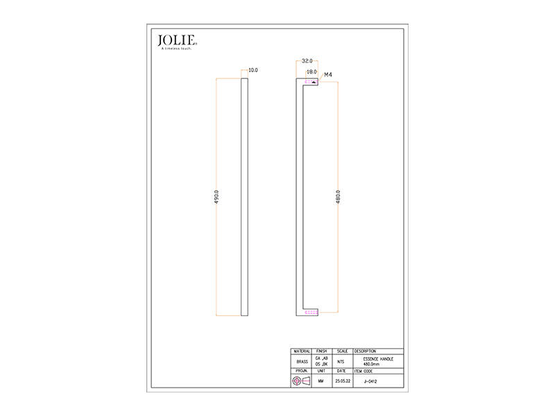 Meubelgreep Messing Jolie Essence 490mm, hoh 480mm