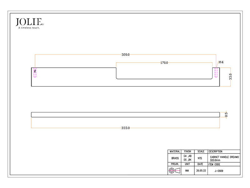 Meubelgreep Verbronsd Jolie A-Symm 333mm, hoh 320mm