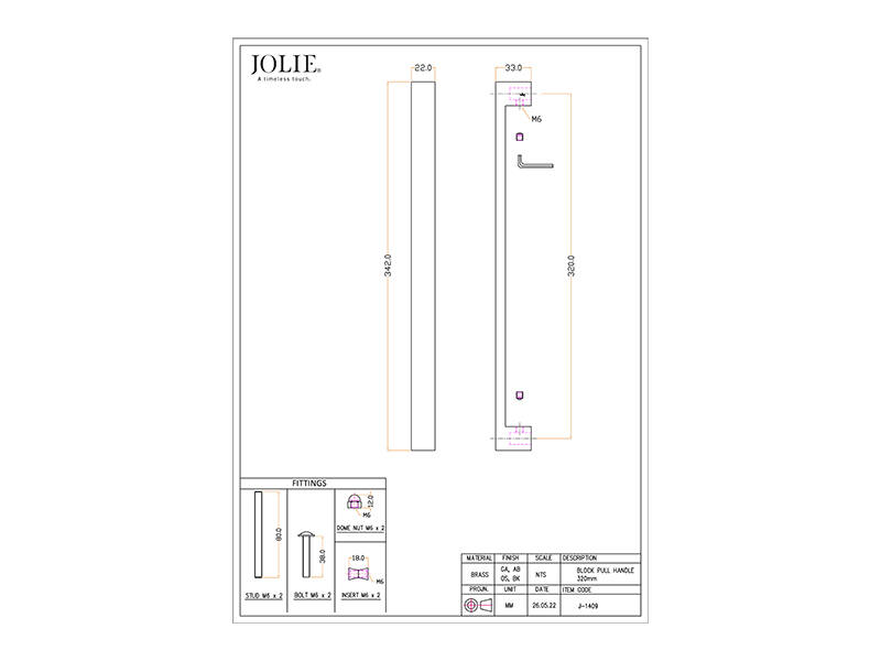 Deurgreep Messing Jolie Rebel 342mm, hoh 320mm