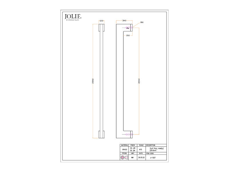 Meubelgreep Messing Jolie Evoke 234mm, hoh 224mm