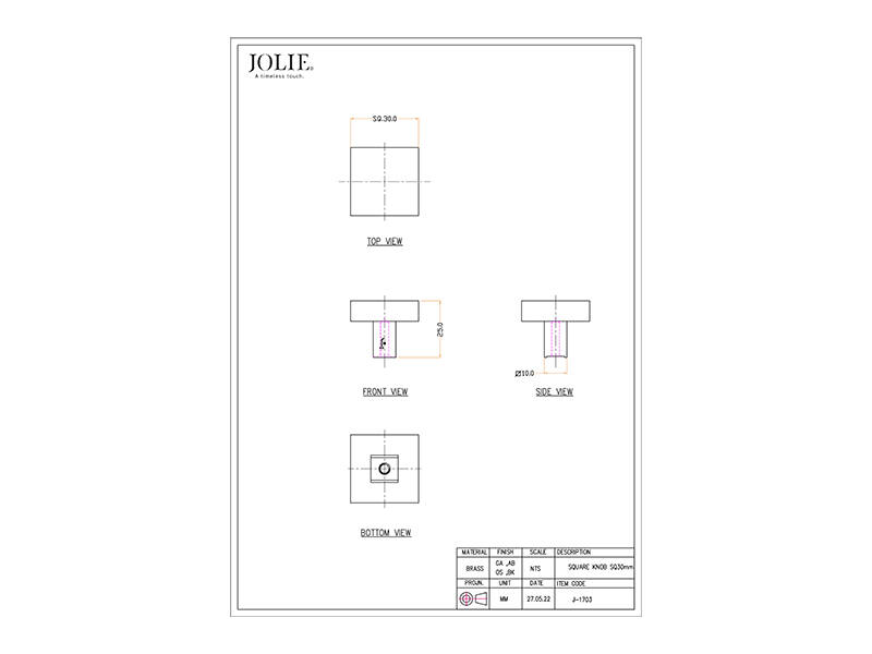 Meubelknop Messing Jolie Carre 30mm