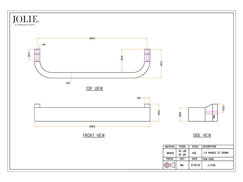 Meubelgreep Messing Jolie Liv 168mm, hoh 160mm Its a Roel