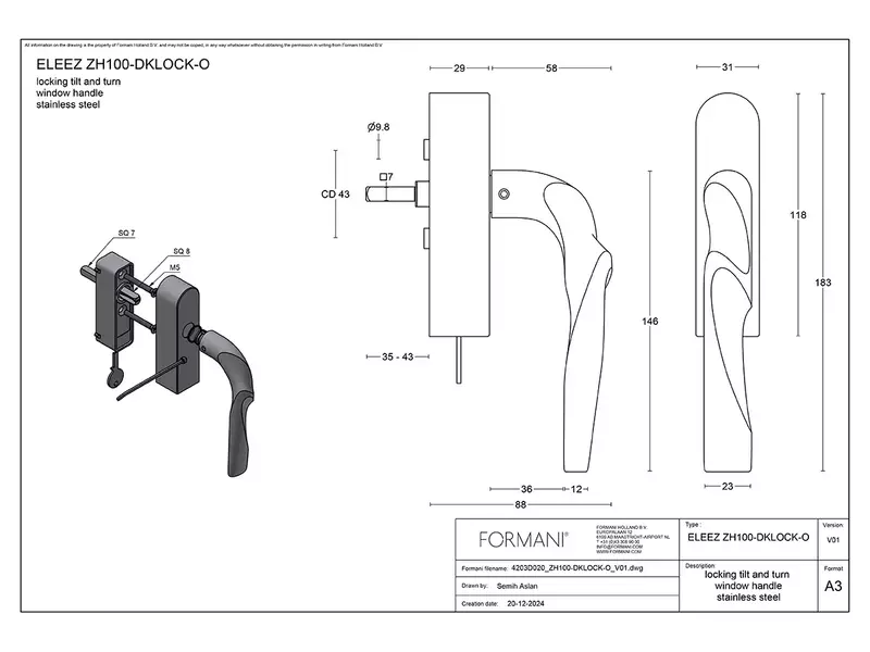 Draaikiep raamkruk Links Mat RVS Zaha Hadid Eleez ZH100-DKLOCK-O afsluitbaar