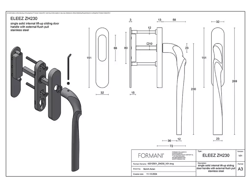 Hefschuifdeurbeslag Champagne PVD Zaha Hadid Eleez ZH230 Blind