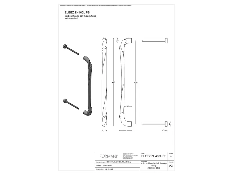 Deurgreep Links Mat RVS Zaha Hadid Eleez ZH400-L PS