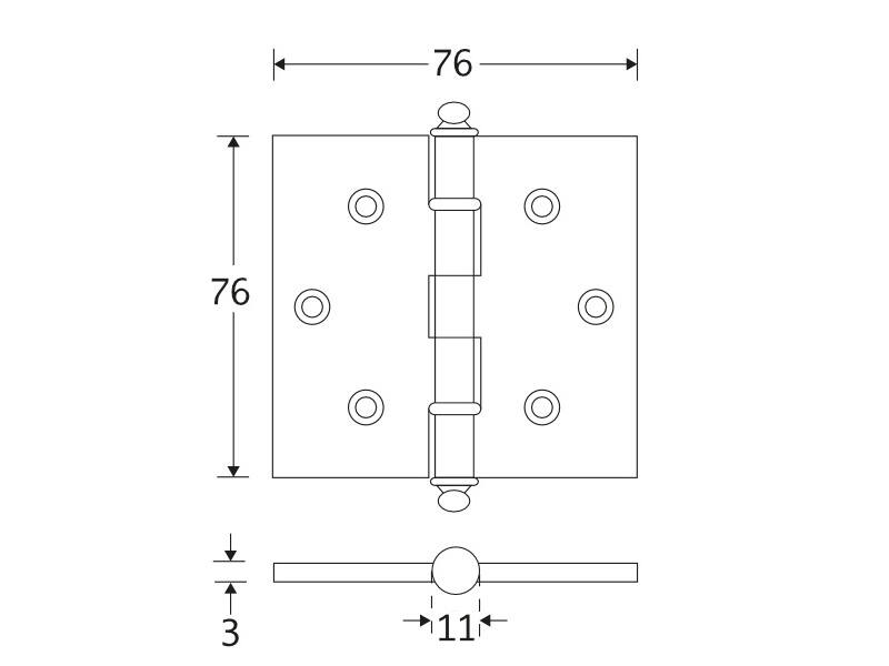Kogellagerscharnier Messing gelakt Bolknop 76x76mm Met rechte hoek