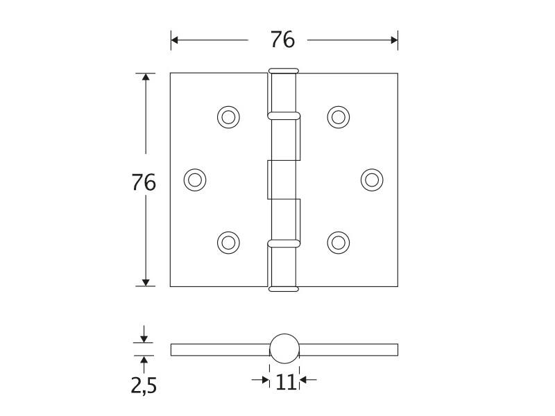 Kogellagerscharnier Messing antiek Platkop 76x76mm Met rechte hoek
