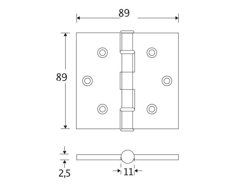 Kogellagerscharnier Messing antiek Platkop 89x89mm Met rechte hoek