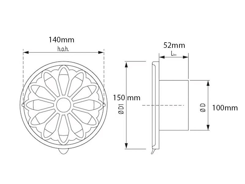Ventilatierooster Zwart rond Retro 150mm voor buis 100mm