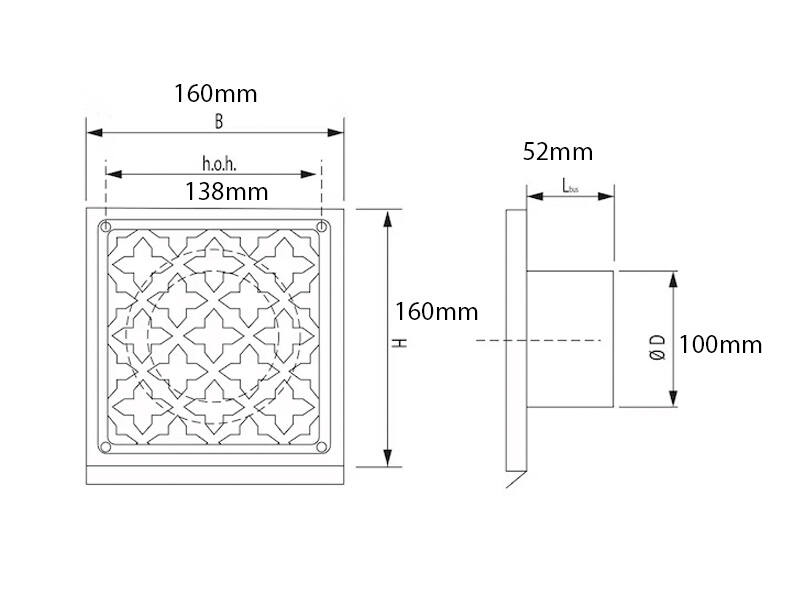 Ventilatierooster Brons-tint vierkant Retro 160x160mm voor buis 100mm