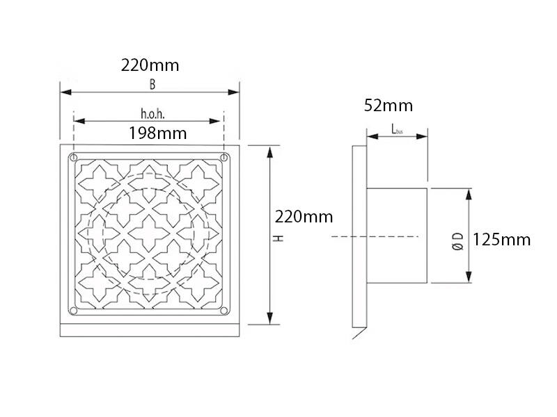 Ventilatierooster Brons-tint vierkant Retro 220x220mm voor buis 125mm