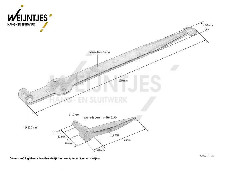 Duimheng IJzer gesmeed 250 mm met inslagduim