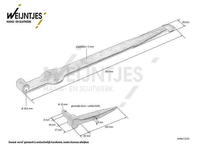 Duimheng IJzer gesmeed 350 mm met inslagduim