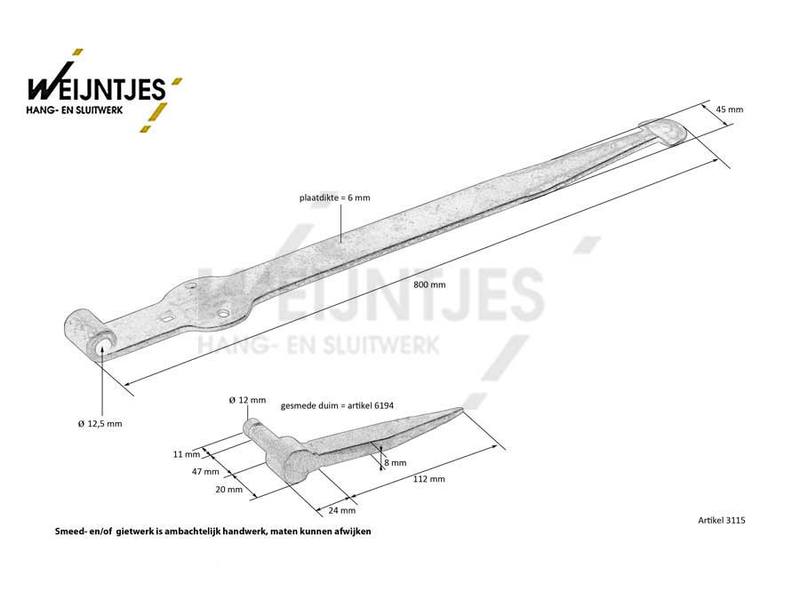 Duimheng IJzer gesmeed 800 mm met inslagduim