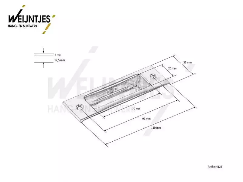 Schuifdeurkom kamer en suite Messing rechthoek 35x110mm