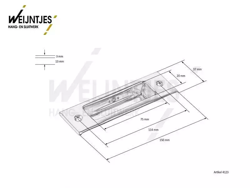Schuifdeurkom kamer en suite Messing rechthoek 35x150mm
