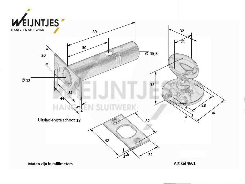 Inboorgrendel Messing gelakt Ei-knop 30 mm