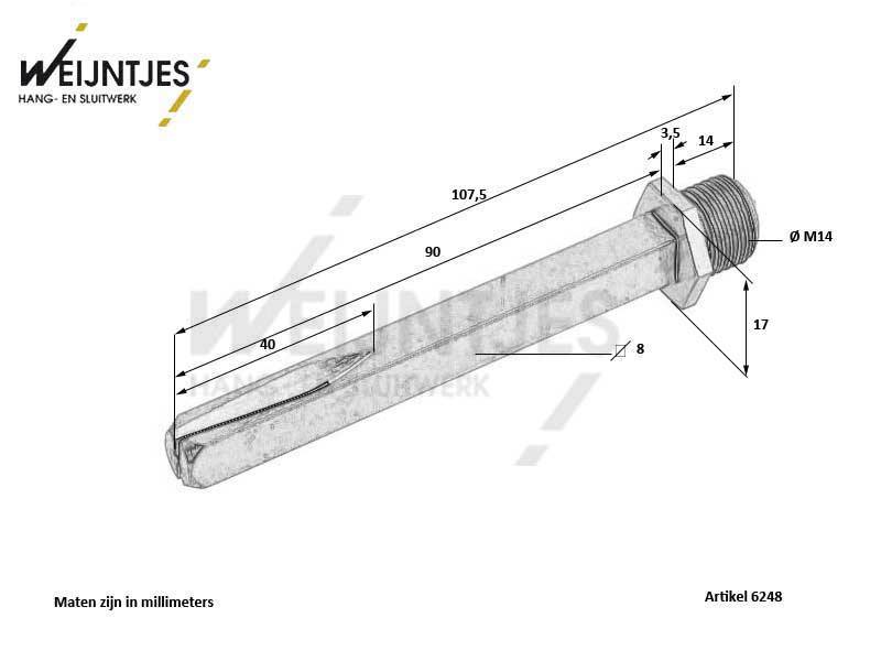 Wisselstift met zaagsnede en moer m14. 8 x 90mm