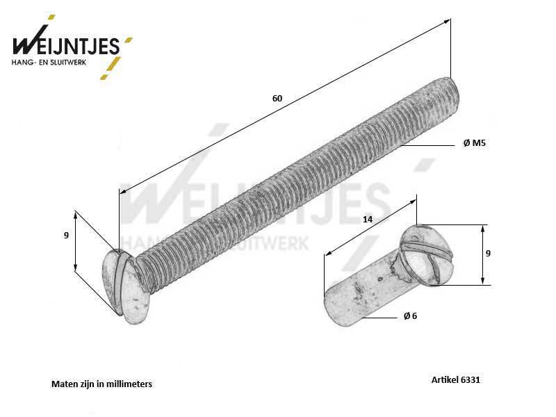 Patentbout messing m5 x 60 met huls
