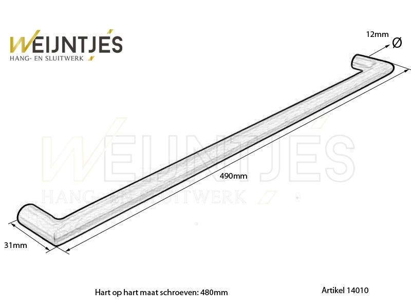 Meubelgreep Rvs Haaks rond 12 x 480 mm