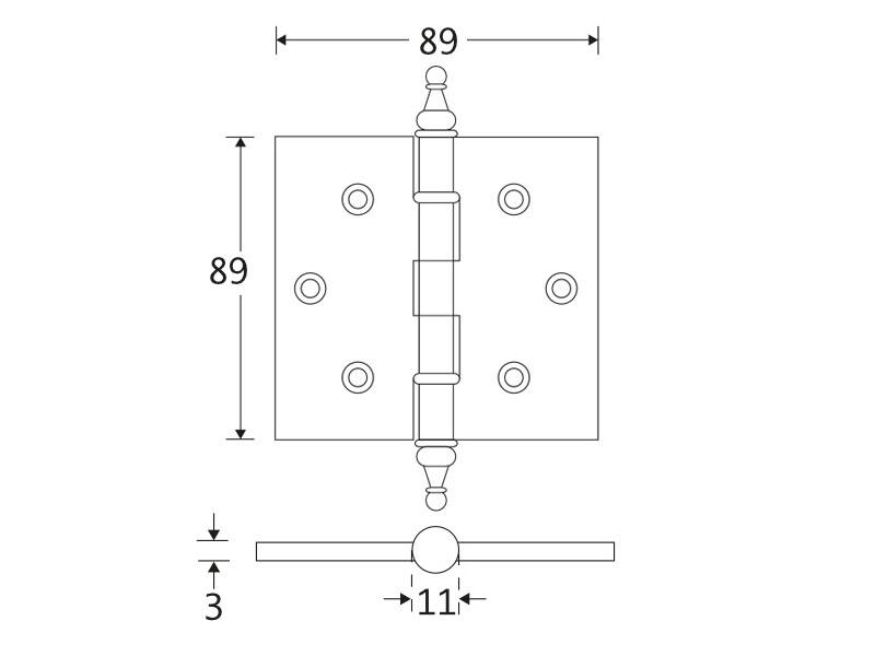 Kogellagerscharnier Messing antiek Vaasknop 89x89mm Met rechte hoek