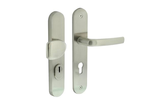 Intersteel Voordeurbeslag ovaal greep/kruk profielcilindergat 72 mm met kerntrekbeveiliging nikkel mat