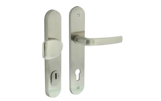 Intersteel Voordeurbeslag ovaal greep/kruk profielcilindergat 92 mm met kerntrekbeveiliging nikkel mat